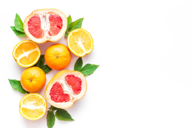istock Citrus fruits grouped on white background top view 1253620447