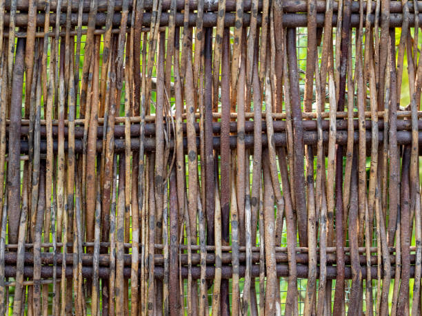 istock Wood twig wattle fence detail. Rustic background. 1253628108