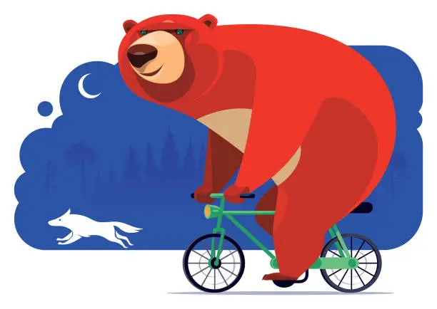 Vector illustration of happy bear cycling with wolf at night
