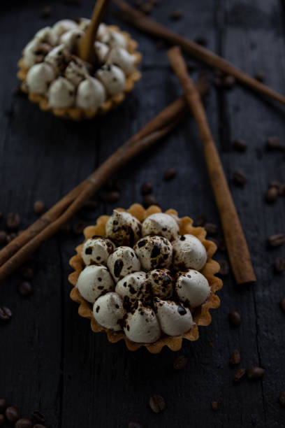 istock Cappuccino tart with cinnamon sticks and coffee beans on rustic wooden table 1253629798