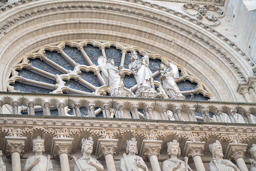 PARIS, FRANCE - MAY. 16 2018: The Notre Dame cathedral of Paris details, one of the most famous landmarks in Paris.