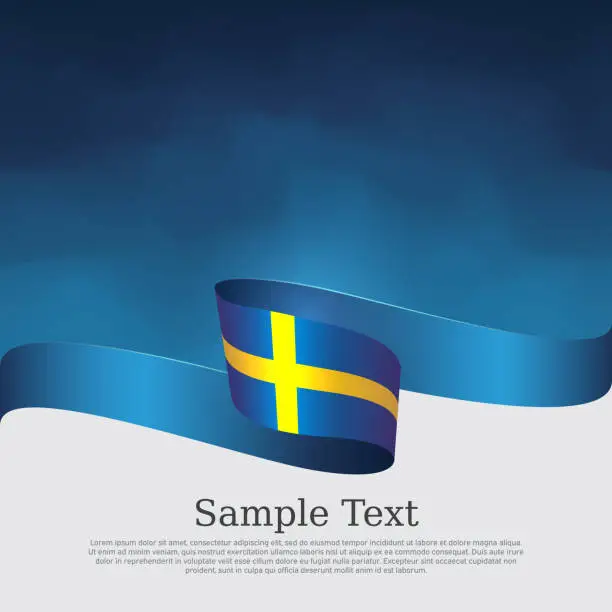 Vector illustration of Sweden flag with wavy ribbon on a blue white background. Background with flag of sweden. National swedish Poster. Vector design state patriotic banner, cover, business flyer