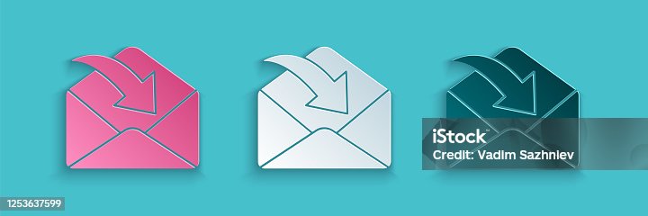 istock Paper cut Envelope icon isolated on blue background. Received message concept. New, email incoming message, sms. Mail delivery service. Paper art style. Vector Illustration 1253637599