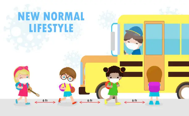 Vector illustration of new normal lifestyle concept Back to school, happy cute diverse Kids and Different nationalities wearing medical masks at the bus stop during Coronavirus or covid-19. Social distancing, outbreak