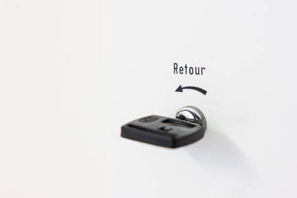istock Return text written in french on a laundromat meter and black plastic retour key isolated on white metal case 1253638765