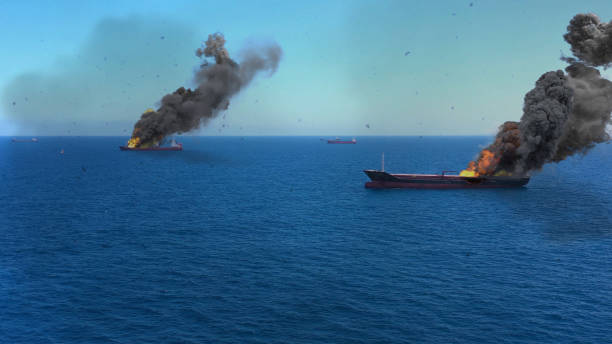 istock Cargo ships burning on fire with large scale smoke-Aerial 1253639309