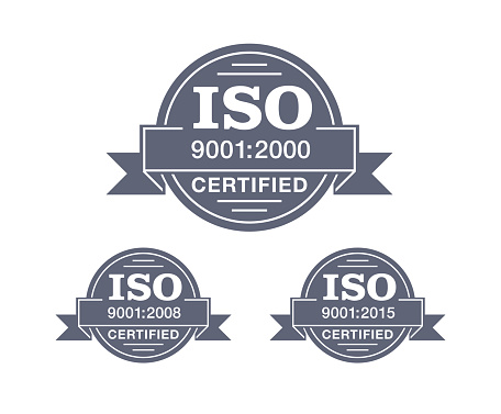 ISO 9001 certified stamp in 3 versions - year 2000, 2008 and 2015 - quality management system international standard emblem - isolated vector sign