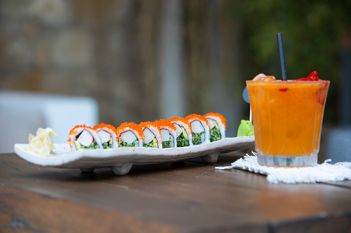 Sushi plate on the table.