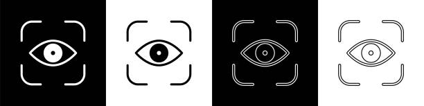 illustrations, cliparts, dessins animés et icônes de définir l’icône de balayage d’oeil isolée sur le fond noir et blanc. oeil de balayage. symbole de contrôle de sécurité. signe d’oeil cyber. illustration vectorielle - objectif