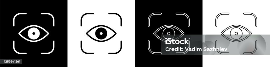 Set Eye scan icon isolated on black and white background. Scanning eye. Security check symbol. Cyber eye sign. Vector Illustration Eye stock vector