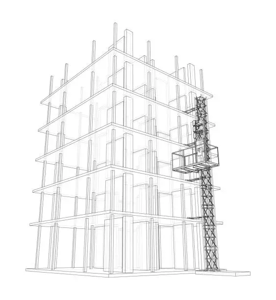 Vector illustration of Building under construction with mast lifts