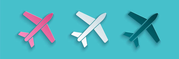 istock Paper cut Plane icon isolated on blue background. Flying airplane icon. Airliner sign. Paper art style. Vector Illustration 1253641510