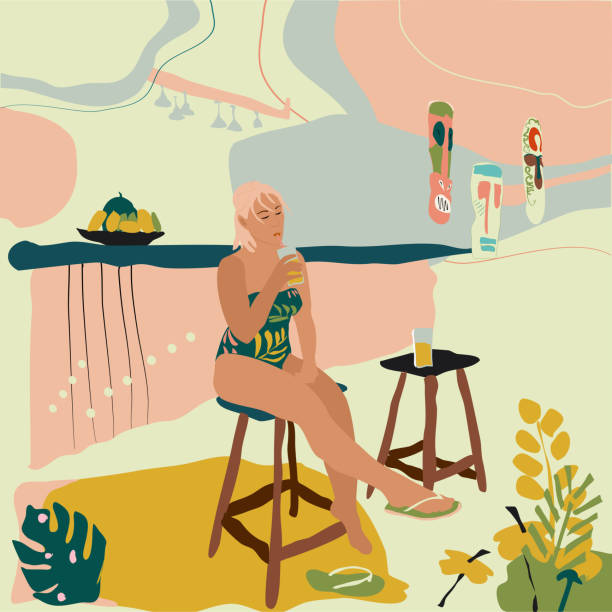 Young woman sitting in beach bar in swimsuit.Girl drinks cocktail. Hand drawn vector trendy illustration with abstract tropical jungle leaves background. African masks in pastel colors concept .Beach bar with juice drawing of the hawaii islands stock illustrations