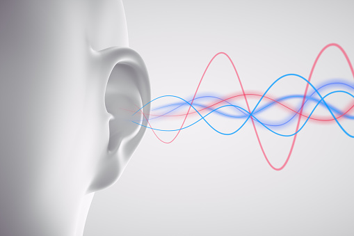 Ear with sound waves on light background