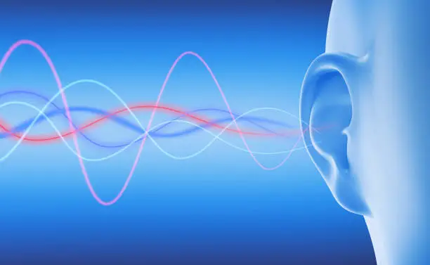 Ear with sound waves on blue background
