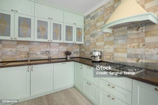 Modern White Kitchen Clean Interior Design Stock Photo - Download Image Now - Green Color, Kitchen, Cabinet