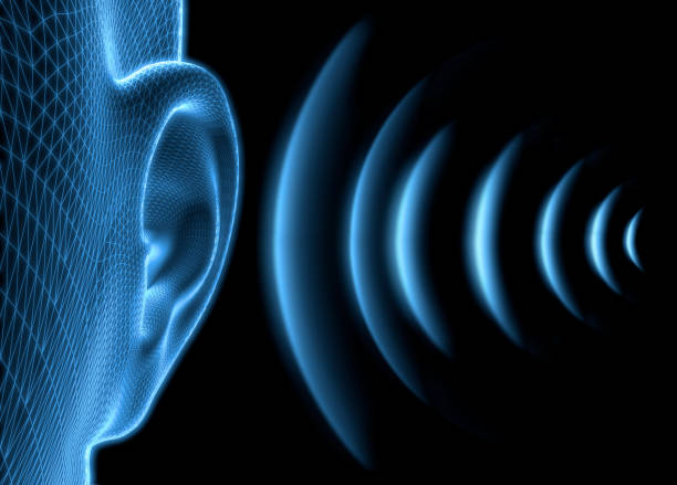 Ear with sound waves Blue Ear with sound waves - 3D illustration sense of science and technology stock pictures, royalty-free photos & images