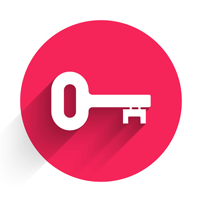 White Old key icon isolated with long shadow. Red circle button. Vector Illustration