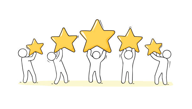 illustrations, cliparts, dessins animés et icônes de personnes heureuses retenant cinq étoiles d’or. - five in a row