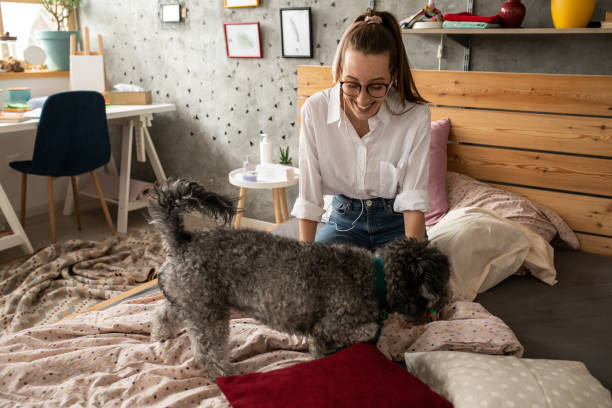 istock Young woman spending time with her dog at home 1253644263