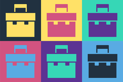 Pop art Briefcase icon isolated on color background. Business case sign. Business portfolio. Vector Illustration