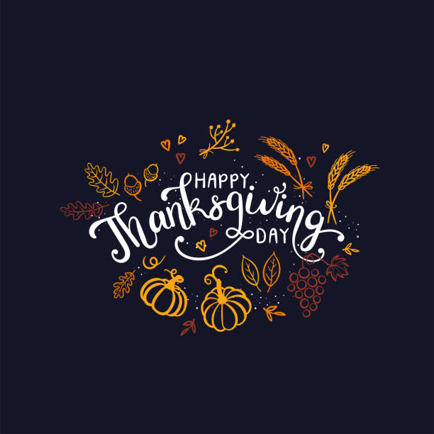 Lovely hand drawn and written Thanks Giving Design, cute pumpkins, leaves and font, great for Thanksgiving banners, wallpapers, cards - vector design Lovely hand drawn and written Thanks Giving Design, cute pumpkins, leaves and font, great for Thanksgiving banners, wallpapers, cards - vector design happy thanksgiving stock illustrations
