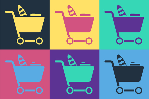 Pop art Shopping cart and food icon isolated on color background. Food store, supermarket. Vector Illustration