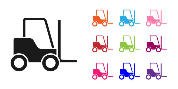 ilustrações de stock, clip art, desenhos animados e ícones de black forklift truck icon isolated on white background. fork loader and cardboard box. cargo delivery, shipping, transportation. set icons colorful. vector illustration - empilhadora