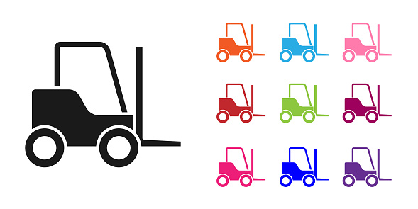 Black Forklift truck icon isolated on white background. Fork loader and cardboard box. Cargo delivery, shipping, transportation. Set icons colorful. Vector Illustration