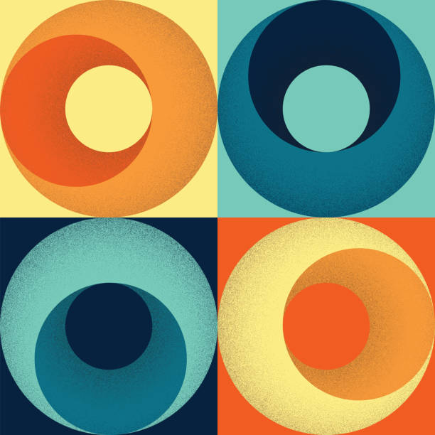 レトロな色のスキームシームレスな1960年代または70年代スタイルの正方形と円の幾何学的パターンと点描シェーディング - modern art 1950s style contemporary shape点のイラスト素材／クリップアート素材／マンガ素材／アイコン素材