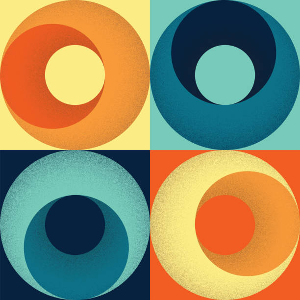 Retro coloured scheme seamless 1960s or 70s style geometric pattern of squares and circles with stippled shading Seamless 1960s or 70s style geometric pattern of squares and circles with stippled shading. Retro colour scheme of yellow, orange, turquoise and navy blue. EPS10 vector format. illusion pattern circle image created 1960s stock illustrations