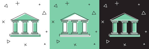 ustaw ikonę budynku muzeum izolowane na białym i zielonym, czarnym tle. ilustracja wektorowa - bank symbol computer icon courthouse stock illustrations