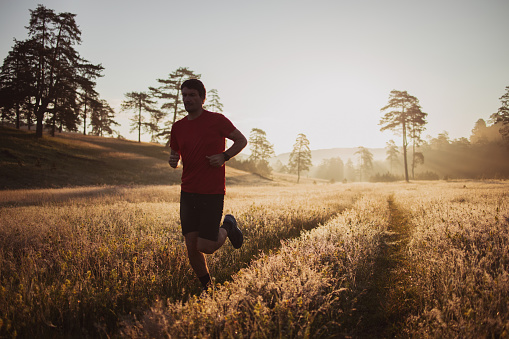 Young man is jogging in a field surrounded with the forest at sunrise.