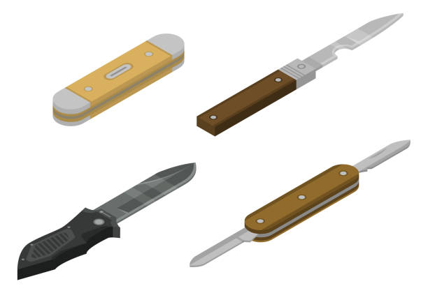 ilustrações, clipart, desenhos animados e ícones de conjunto de ícones de canivete, estilo isométrico - penknife swiss culture work tool switzerland