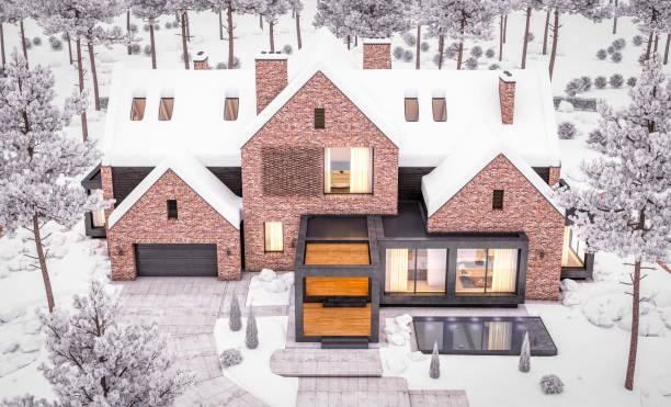 istock 3d rendering of modern clinker house on the ponds with pool in evening night 1253646230
