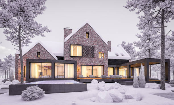 istock 3d rendering of modern clinker house on the ponds with pool in evening night 1253646243