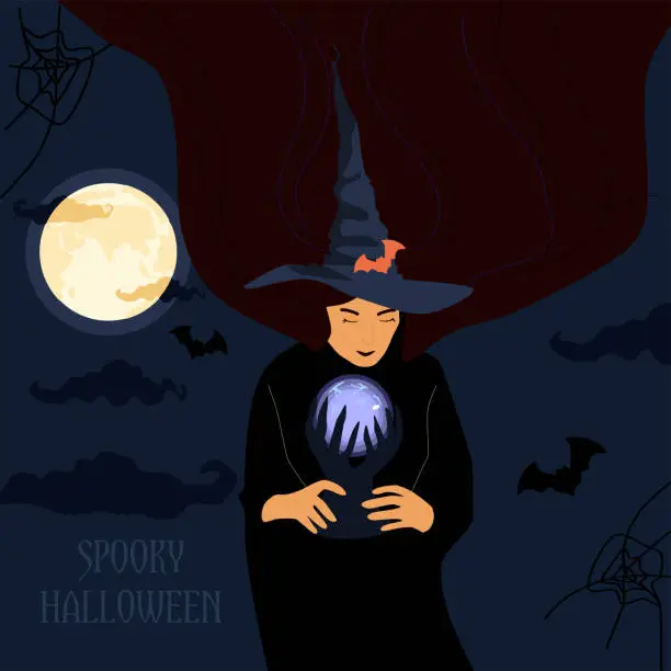 Vector illustration of Halloween illustration.The witch holds a magic luminous ball and conjures,makes a prediction.All Hallows E’en.