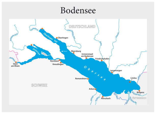 ilustrações de stock, clip art, desenhos animados e ícones de small overview vector map of lake constance in german language - mountain lake austria bavaria