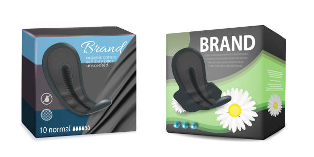 Black sanitary napkin packaging box mockup set, vector illustration Black sanitary napkins packaging box mockup set, vector illustration isolated on white background. Realistic feminine hygiene pads sanitary towels pack templates. Comfort and protection for women. sanitary napkin stock illustrations