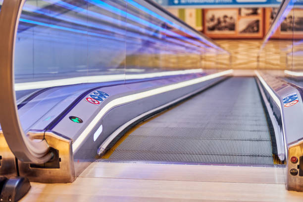 Modern Escalator in subway train station background with copy space, full frame horizontal composition