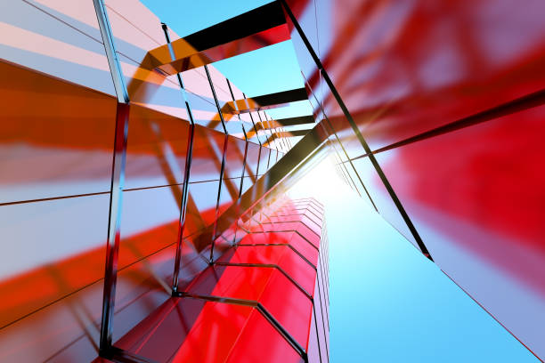 istock Abstract futuristic architecture, Skyscraper glass office building. 3D render. 1253653050