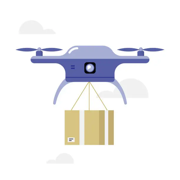 Vector illustration of Drone Delivery Icon Flat Design. Shipping Box Carrying Drone Vector Design.