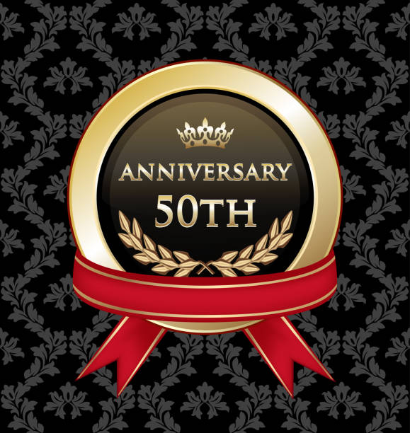 Fiftieth Anniversary Celebration Gold Award Fiftieth anniversary celebration gold award with with a red ribbon on a black damask background. fiftieth stock illustrations