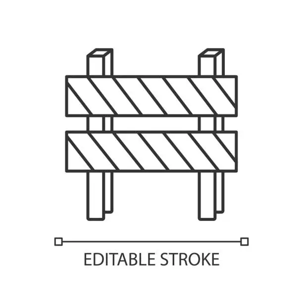 Vector illustration of Road barrier pixel perfect linear icon. Striped block on highway. Dead end sign. Thin line customizable illustration. Contour symbol. Vector isolated outline drawing. Editable stroke