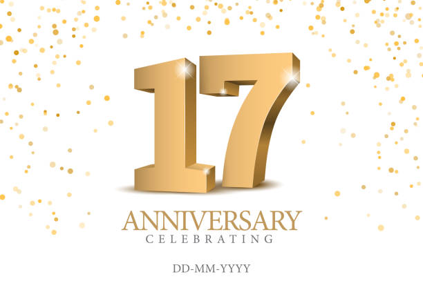 Anniversary 17. gold 3d numbers. Anniversary 17. gold 3d numbers. Poster template for Celebrating 17th anniversary event party. Vector illustration number 17 stock illustrations