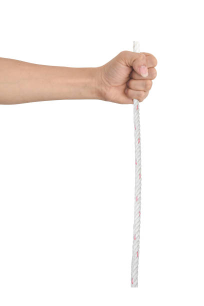 istock Man's hand holding rope isolated on a white background. with clipping path. 1253657576