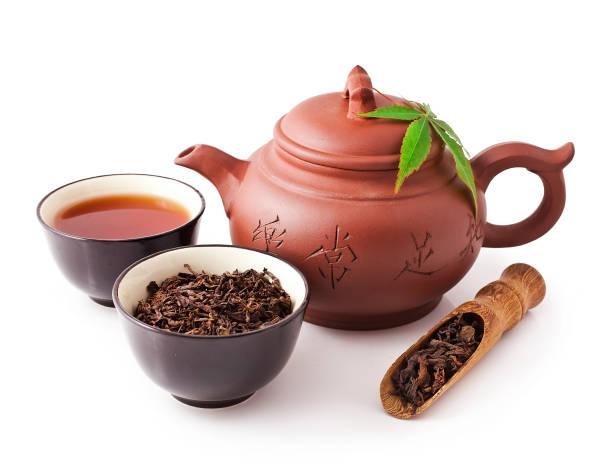 chinesische teekanne mit schüsseln pu-erh tee - meal traditional culture heap food and drink stock-fotos und bilder