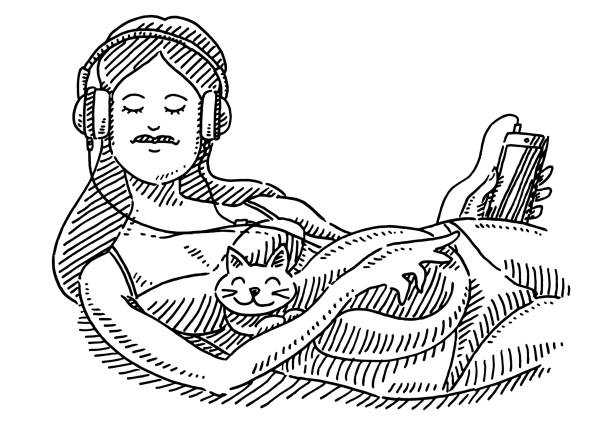 ilustrações, clipart, desenhos animados e ícones de mulher ouvindo música e acariciando um desenho de gato - lying on side audio