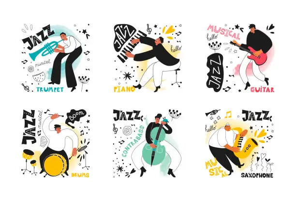 Vector illustration of A set of musicians with jazz instruments. Trumpeter, saxophonist, drummer, guitarist, double bassist, pianist