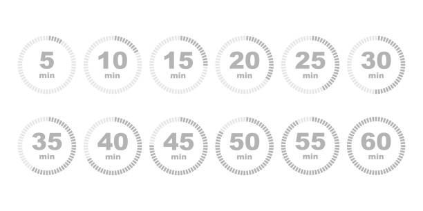 Timer stopwatch icon set flat style Timer stopwatch icon set flat style five minutes stock illustrations